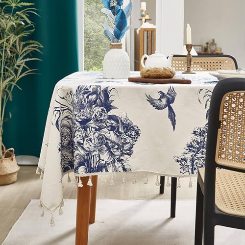 Nappe de table rectangulaire KnSam 150x260 fleurs bleu blanc