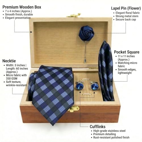Image of Men's Necktie Gift Set with Wooden Box | Premium Tie, Pocket Square, Cufflinks & Lapel Pin | Elegant Formal Accessories Gift for Men