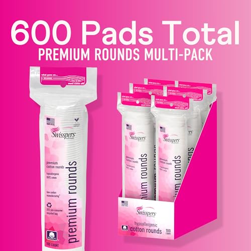 Image of Swisspers Premium Cotton Rounds, Dual Sided Pads - 100 Pads (Pack of 6) - 100% Pure Chlorine-Free Cotton, Hypoallergenic & Dermotologist Tested - Cotton Pads for Makeup & Nail Polish Removal