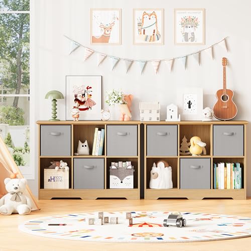 Image of 6 Cube Storage Organizer Shelf, Wood Cubby Storage with 3 Fabric Drawers, 2 Tier Wooden Bookshelf with 2 Adjustable Shelves & Fluted Side Panels for Bedroom, Living Room, Home Office, Wood