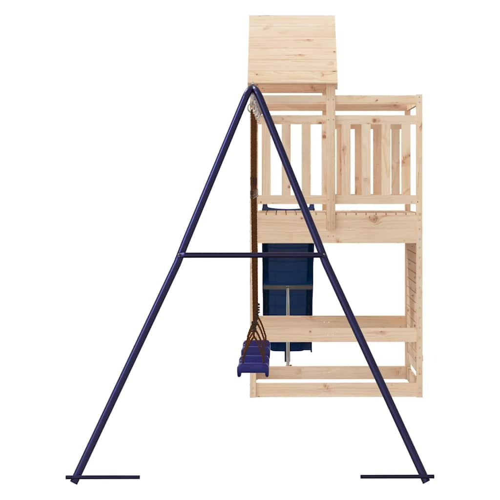 Torre da gioco in legno di pino massiccio con altalena, scivolo ondulato, sabbiera e struttura da arrampicata, casetta da gioco per bambini in giardino, costruzione stabile per avventure e