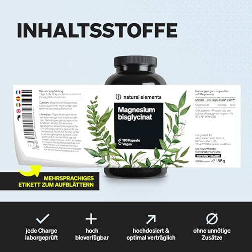 natural elements Magnesiumbisglycinat - Premium: Chelatiertes Magnesium - 180 Kapseln - 300mg elementares Magnesium pro Tagesdosis - Laborgeprüft, vegan, hochdosiert