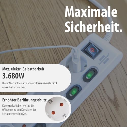Brennenstuhl Steckdosenleiste einzeln schaltbar 6-fach mit 2-poligen Schaltern (Steckerleiste mit 1x Hauptschalter und 6x Geräteschalter, Mehrfachsteckdose 2m Kabel, erhöhter Berührungsschutz) weiß