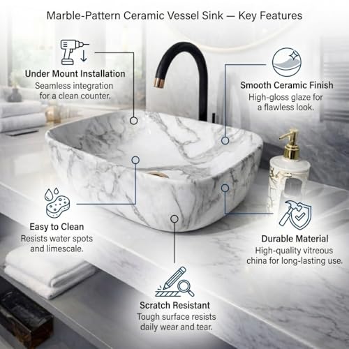 Image of Ceramic Tabletop Wash Basin - Glossy Rectangular Countertop Vessel Sink with Marble Finish for Bathroom & Vanity | Compact 18 x 13 x 5 Inch | Elegant Washbasin