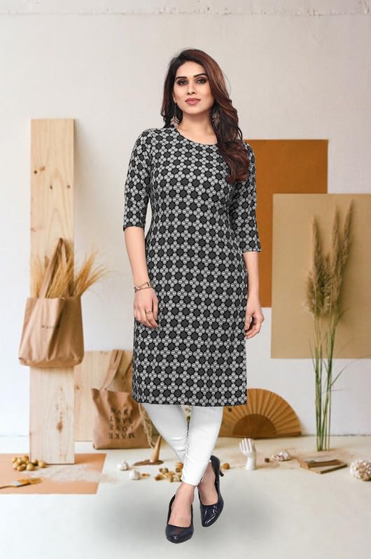Image of JAKHANA Women's Crepe Printed Casual Straight Calf Length Round Nick Kurta Pack of 4