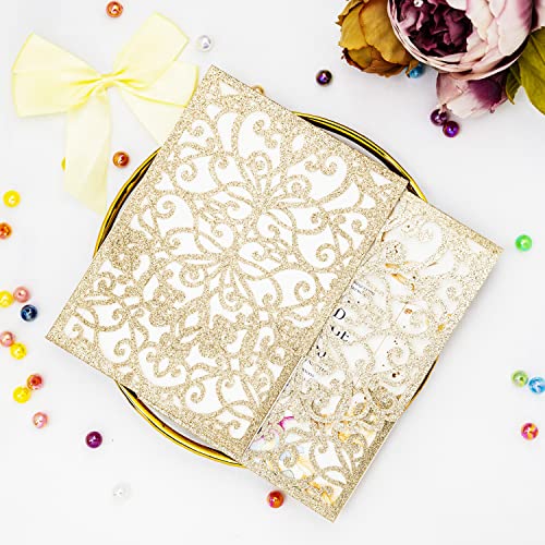 Builcker 20Pcs Set Laser Cutting Gold Glitter Invitation Card Greeting Card Graduation Party Wedding Birthday Party Hollow Invitations Flip Invitation Pocket With Envelope (Gold Glitter) #TOP1