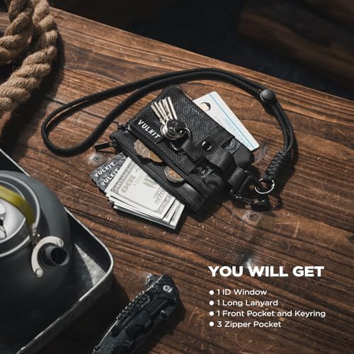 VULKIT Small RFID Wallet for Women & Men – Minimalist Zipper Wallet with ID Window, Keychain & Carabiner, Holds 15 Cards, Water Resistant Travel Lanyard Wallet Black4