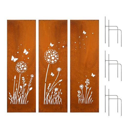 D&L Lasertec Edelrost Sichtschutzwand 3er Set Blumenwiese 160x50cm inklusive Bodenanker