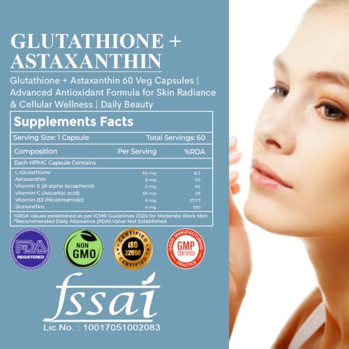 Image of Glutathione + Astaxanthin 60 Veg Capsules | Advanced Antioxidant Formula with Vitamin C, Vitamin E & Niacinamide | Supports Skin Brightening, Radiant Skin, Skin Health & Youthful Skin Support