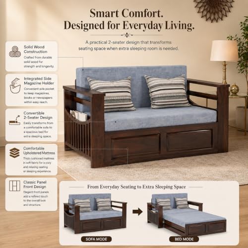 Image of Douceur Furnitures Solid Sheesham Wooden 2 Seater Sofa Cum Bed with Mattress & Cushions,Wood Foldable Convertible Sofa Diwan Cum Bed for Living Room and Bedroom, Walnut Finish