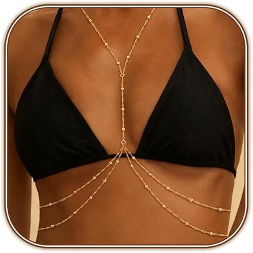 14K Gold Plated Body Chain for Women Layered Beads Chain Adjustable Sexy Beach Body Jewelry Belly Waist Chain Jewelry for Women Gifts