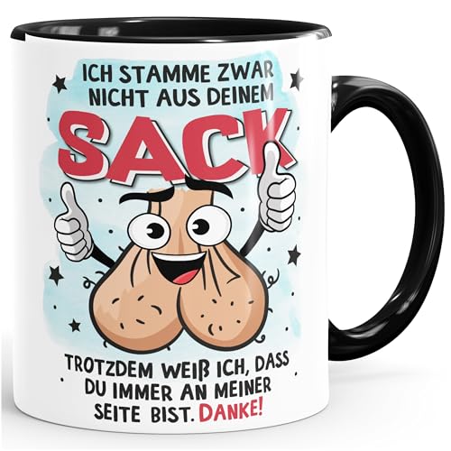 MoonWorks® Kaffee-Tasse Geschenk für Bonus-Papa zum Vatertag Spruch lustig Stiefvater Ich stamme zwar nicht aus deinem Sack Weiss-innen-schwarz standard
