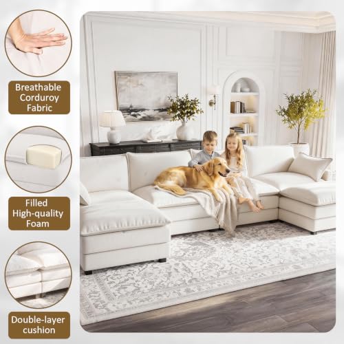 Image of 146 inch U-Shape Modular Sofa with 2 Ottomans, Deep Seat Cloud Convertible Sleeper, 2 Arm Pillows, Comfortable Large Upholstered Furniture for Living Room Apartment, Beige