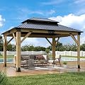 11x13FT Wood Gazebo,Outdoor Wooden Hardtop Gazebo with Galvanized Steel Doule Roof,Cedar Wood Frame Gazebos Patio Backyard Deck