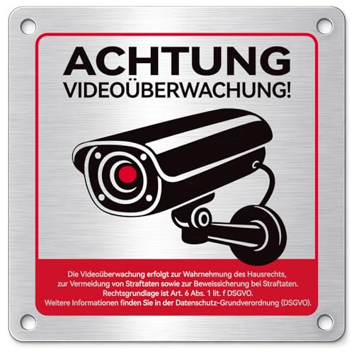 Ithyes Achtung Videoüberwachung Schild Aluminium 15 x 15 cm DSGVO/Datenschutz Hinweis wetterfest UV-beständig selbstklebend & mit Bohrlöchern Warnschild für Privatgrundstück außen