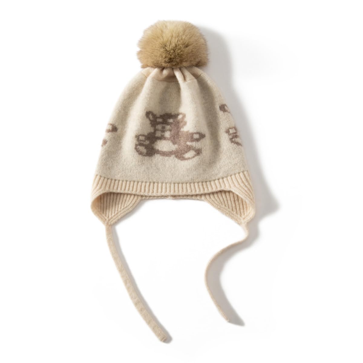 Gorro Beanie con Orejeras de Punto 100% Cachemira para Niños Niñas de 3 a 8 años, Invierno Sombrero Suave y Cálido con Pompón Desmontable, Lindo Earflap Gorro Tejido para Esquí Deporte