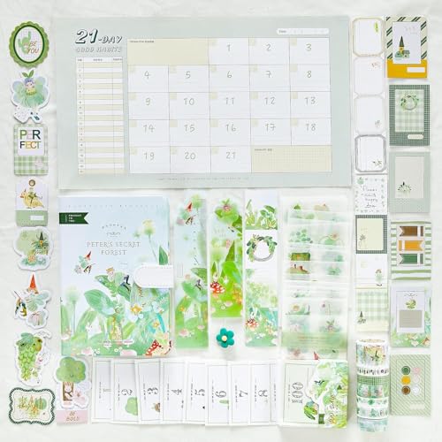 Image of VIBEVISTA Vintage Aesthetic Scrapbook Kit, 346 Pcs, A6 Grid Notebook, Washi , Envelopes, Scrapbook Papers, Folding Labels, Background Papers, Photo Frames, Calendar Stickers, Stickers (Peters Secret Forest)