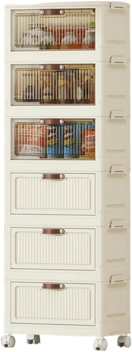 6 Tier Foldable Storage Cabinet with Lids, 24QT Stackable Closet Organizers and Storage with Wheels,Stackable, Magnetic Doors, for Living Room,Office,Dorm (Clear)