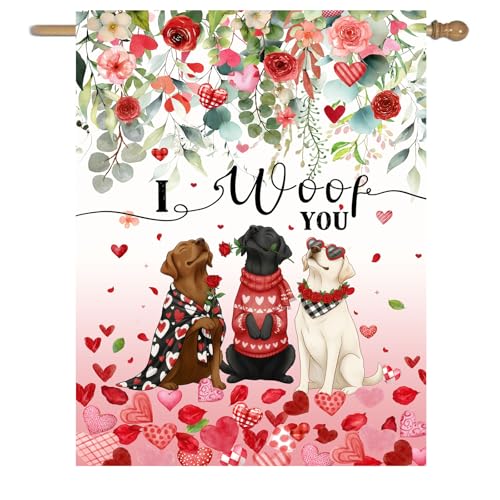 Dog Valentine House Flag 28 x 40 Double Sided Valentines Day Outdoor Decorations White Black Lab Garden Signs Chocolate Labrador Love Heart Yard Banner for Outside