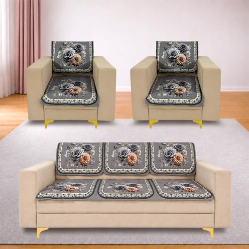 Image of Homerz 'Brooklyn Series' Premium Sofa Cover | Quilted Floral Design | Non-Slip Washable Sofa Protector | Soft Anti Slip Fabric (Grey, 5 (3+1+1) Seater, Seat Cover with Backrest)
