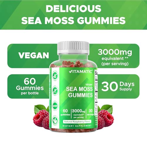 vitamatic irish sea moss gummies  3000mg equivalent per serving from extract 1325mg  60 ct made with bladderwrack amp burdock root  seamoss supplement for thyroid energy amp immune support