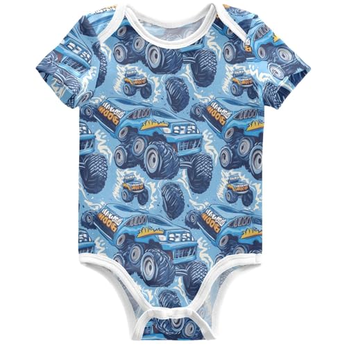 Pigsaly Baby Bodysuits Blue Cartoon Monster Truck Cars Newborn Short Sleeve Summer Jumpsuit Boy Girl 3M