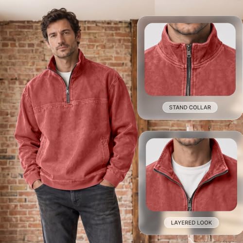 Denim Shirt Men Washed Vintage 1/4 Zip Pullover Shirt Denim Blouse - image 8