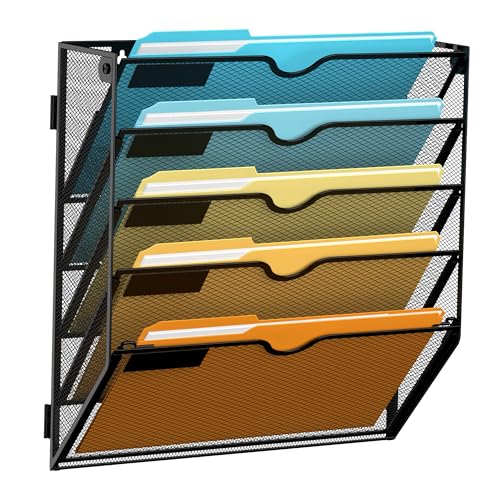 SUPEASY 5-Tier Wall File Organizer Mesh Office Mail Holder, Hanging Wall Organizer Magazine Rack for Office Black