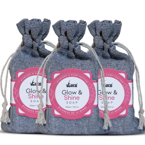 Image of VCare Glow & Shine Soap, 100g | 12 Herbal Active Ingredients, Helps Remove Impurities, Improve Skin Tone, For Men & Women Pack of 3