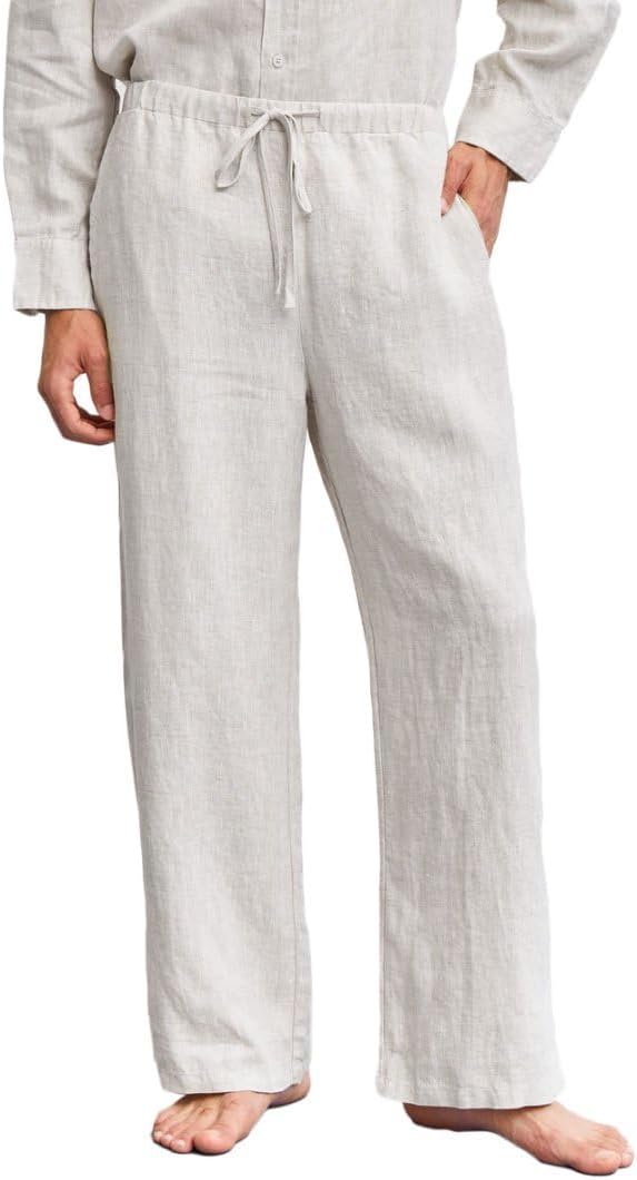 Amazhiyu Men's 100% Linen Summer Casual Elastic Drawstring Loose Pants Pockets Flax, Medium