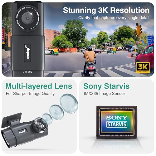 Image of Onelap Vidsure (2026 Edition Front + Rear) - 3K UpScaled to 4K Dashcam for Car | Real Sony STARVIS IMX335 | 5MP 3840p QHD Front | 5.8Ghz Wifi | 2MP 1080p FHD Rear | HDR |1.47 inch LCD | Dual Port Charger