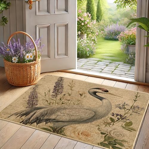 Tapete de verano con grulla, tapete de puerta floral beige para entrada interior y exterior, decoración vintage, goma impermeable, antideslizante, absorbe el polvo, fácil de limpiar, 73 x 43 cm