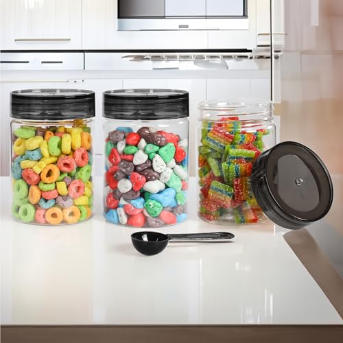 Image of PEARLPET Plastic Containers for Kitchen Storage | Plastic Container Set with Spoon | BPA-Free, Stackable Jars | Black, 300 ML (Set of 3)