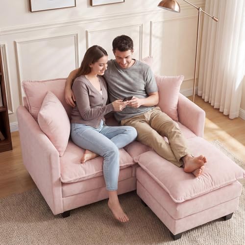 Image of 50'' L-Shape Loveseat Sofa with 22 inch Ottoman, 2 Seat Modern Cloud Couch with 2 Washable Pillows for Small Space Apartment Office Living Room Bedroom, Pink