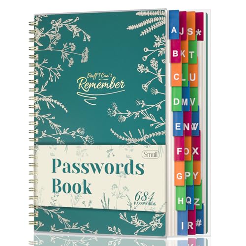 Password Book with Colorful Alphabetical Tabs, Spiral Password Keeper Book for Seniors, (Turquoise)