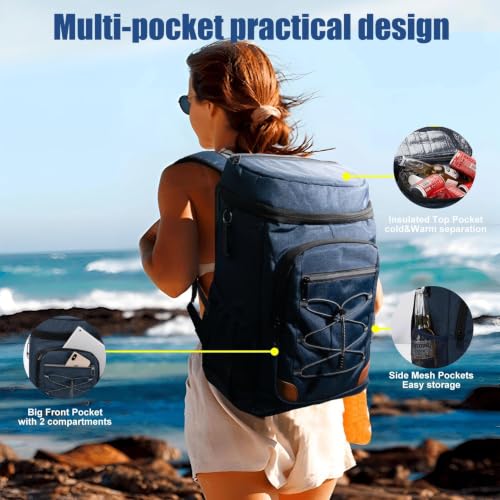 Image of Backpack Cooler Insulated Leakproof, Soft Cooler for Outdoor Camping Hiking | 7.5x13x18in, leakproof liner, waterproof oxford, multi pockets, wine opener, for camping hiking picnic fishing