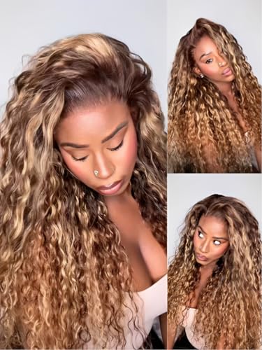 UNICE 13x4 Water Wave Lace Front Wig Human Hair, Caramel Brown with Honey Blonde Highlights, Glueless Drawstring Put On and Go Wig, Pre Plucked Hairline, Beginner Friendly, 150% Density, 20 Inch