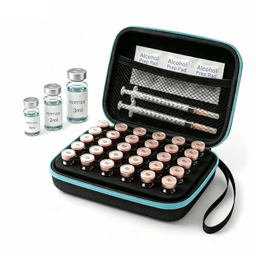 Peptide Vial Case for Fridge, 30 Slots Insulin Vial Protector Case Holds 1-3ml Vials, GLP-1 and Insulin Storage Peptides, Hard Shell Insulin Travel Case with Zipper