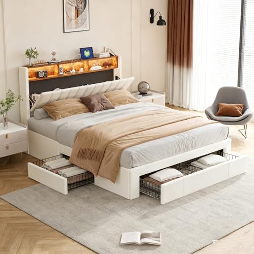 BRILVERDE Cama Tapizada 140x200 con Almacenaje, Cama matrimonial con cajones, USB/LED, Cabecero Acolchado y Base de Láminas, Terciopelo (Beige, 140 x 200 cm)