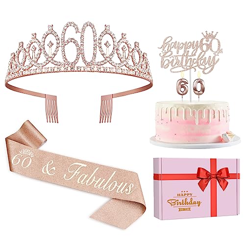 60th Birthday Decorations Women, Including 60th Birthday Crown/Tiara, Sash, Cake Topper and Candles, 60th Birthday Gifts for Women