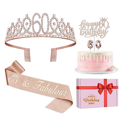 60th Birthday Decorations Women, Including 60th Birthday Crown/Tiara, Sash, Cake Topper and Candles, 60th Birthday Gifts for women