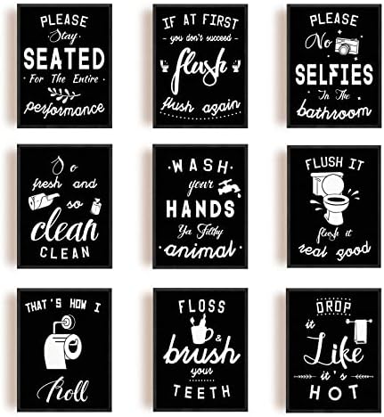 SUPERDANT 9 PCS Bathroom Theme Unframed Canvas Prints Black & White Bathroom Quotes Hint Painting Decorative Wall Art Pictures for Toilet Bathroom Wall Preppy Room Decor 25x20cm