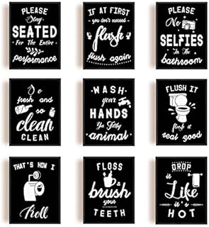 SUPERDANT 9 PCS Bathroom Theme Unframed Canvas Prints Black & White Bathroom Quotes Hint Painting Decorative Wall Art Pictures for Toilet Bathroom Wall Preppy Room Decor 25x20cm