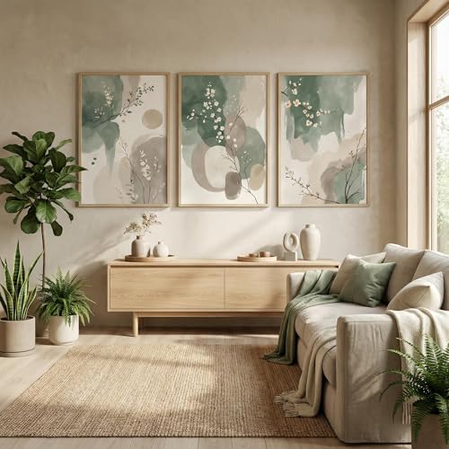 Tableau sur toile verte feuilles de sauge beige lot de 3 posters muraux 30x40cm