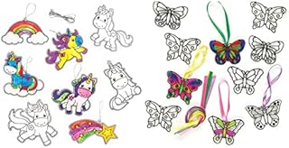 Baker Ross AR384 Unicorn Suncatcher Decorations (Pack of 8) & ET815 Butterfly Mini Suncatcher Decorations (Pack of 12) for Kids Arts and Crafts