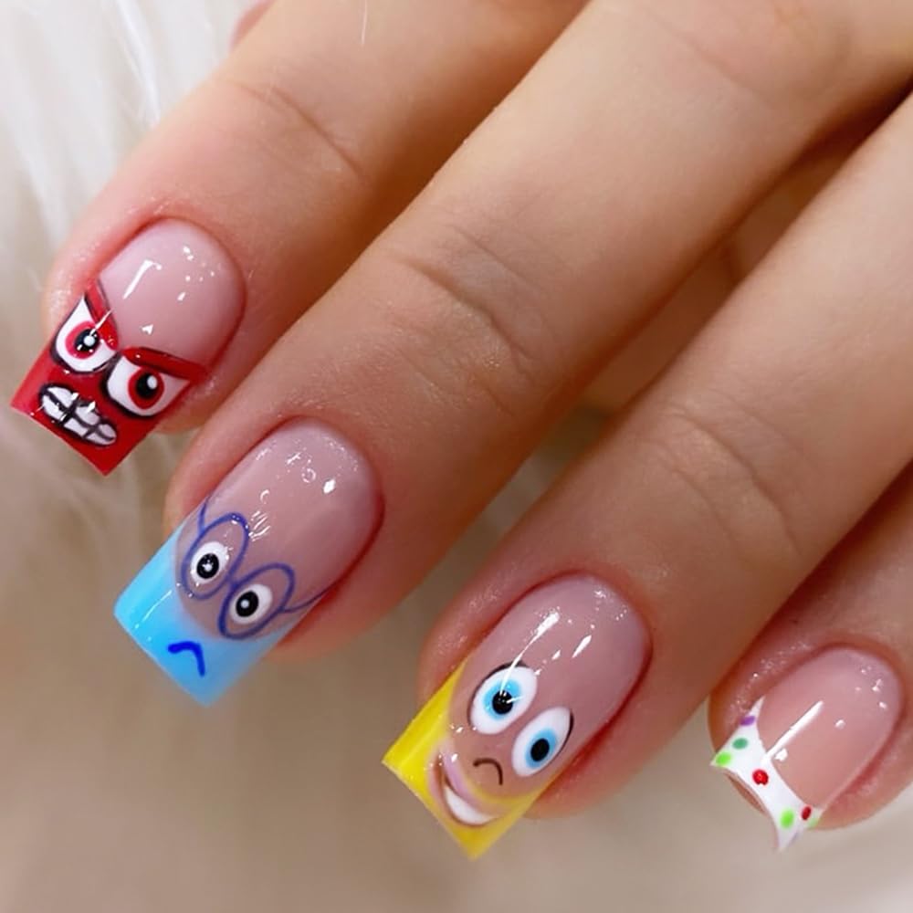 Press on Nails Short Square Fake Nails Colorful French Tip Press on Nails Acrylic Nails Glossy Glue on Nails Cartoon Funny Artificial Nails Polka Dots Stick on False Nails with Design 24 pcs