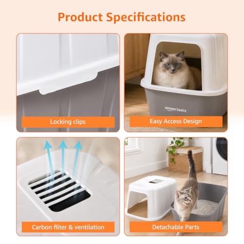 Image of Amazon Basics Semi Enclosed Cat Litter Box | Large Litter Tray | Easy Clean Cat Washroom for Indoor Cats | Brown + White | 38 X 40 X 48 cm | Suitable for Kittens & Cats