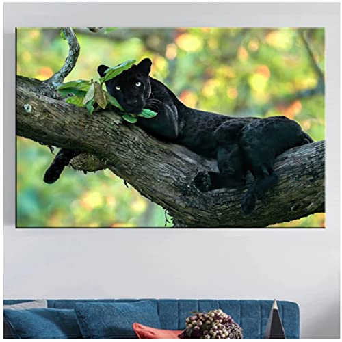 Belle panthère noire sur l'arbre peinture sur toile mur photos pour enfants chambre mur Art affiches imprime Cuadros décor à la maison Cover