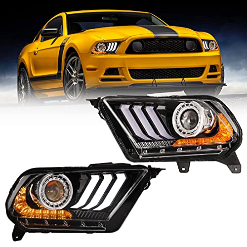 ROXX Headlights Assembly for 2010 2011 2012 2013 2014 Ford Mustang, High Low Beam Projector Headlights w/ S550 Style LED DRL, Amber Led Sequential Turn Signals, Driver Passenger Side