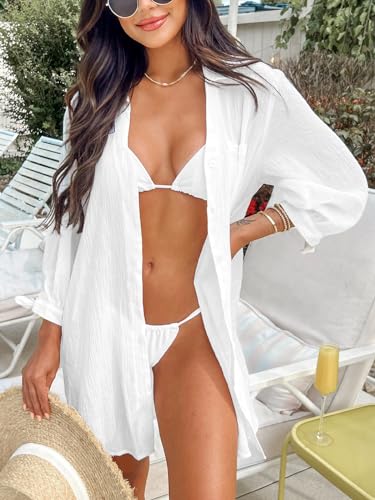 CUPSHE Women Swimsuit Coverup Button Down Casual Shirt Dress V Neck Beach Cover Ups with Pockets XS-XL2
